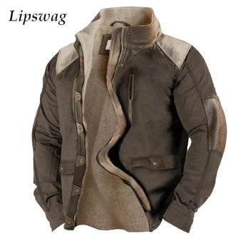Winter Warm Outdoor Jacket Coat Mens Fashion Zipper Button Lapel Jackets Wool Lining Retro Loose Long Sleeve Men Fall Outerwear