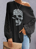 2022 Women Sexy Skew Collar Casual Blouse Elegant Femme Skull Print Office Shirt Blusa Spring Autumn Hollow Batwing Sleeve Tops