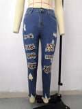 Adogirl Leopard Print Patchwork Women Jeans Pants Tassel Distressed Denim Pencil Trousers S-3XL