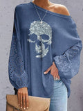 2022 Women Sexy Skew Collar Casual Blouse Elegant Femme Skull Print Office Shirt Blusa Spring Autumn Hollow Batwing Sleeve Tops