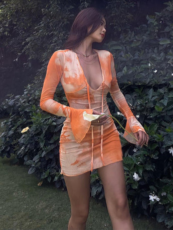 Instagram Deep V-neck Low-Cut Tie-Dye Printed Flared Dress