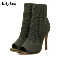 Women Boots Green Elastic Knit Sock Boots Ladies Open Toe High Heels Pumps