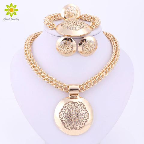 African Jewelry Set Round Pendant Gold Plated Dubai Big Necklace Earrings Wedding Sets Gift - The Accessorie Hub