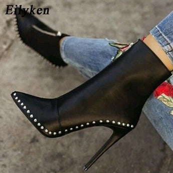 New Women Boots Metal Decoration Rivet Pointed Toe Ankle Boots