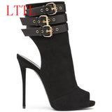 Black Suede Gladiator High Heels women Sandals Booties 3 buckle - The Accessorie Hub