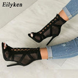 Black Summer Sandals Lace Up Cross-tied Peep Toe High Heel - The Accessorie Hub